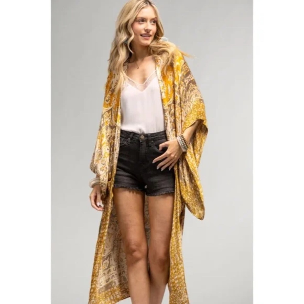 SOLD OUT Mustard Mandala Bohemian Kimono Coverup Open Top Wrap One Size Boho - Picture 3 of 5